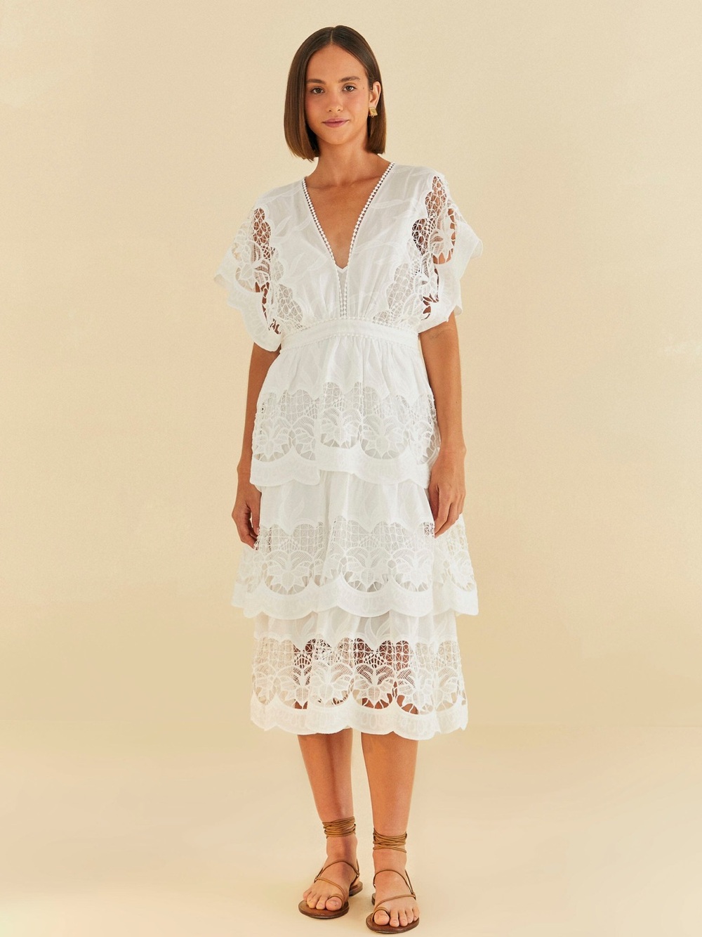 πΏβ¨ FARM Rio size L Off-White Richelieu Midi Dress β¨πΏ - Picture 4 of 12